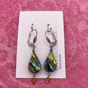 Rainbow Green Glass Tear Drop Dangle Earrings